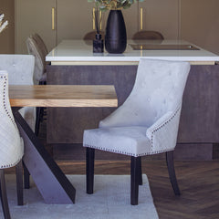 Gunnar Velvet Dining Chair | Studded & Quilted Back, Wood Legs - Light Grey / Dark Grey