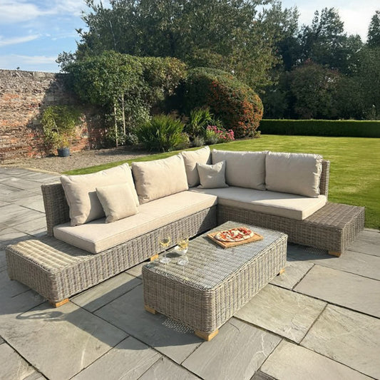 Capri Outdoor Large Corner Sofa Set with Glass Coffee Table – Beige Rattan Effect