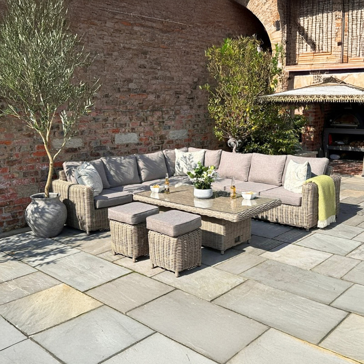 Amalfi Outdoor Modular Corner Sofa Set with Riser Dining Table and Stools – Beige Wicker