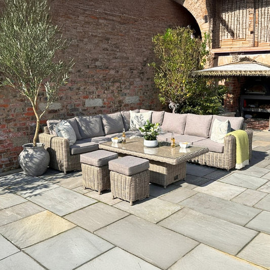 Amalfi Outdoor Modular Corner Sofa Set with Riser Dining Table and Stools – Beige Wicker