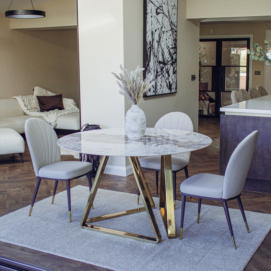 Olle Beige Leather Dining Chair | Art Deco Inspired with Gold Capped Legs