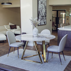 Olle Beige Leather Dining Chair | Art Deco Inspired with Gold Capped Legs