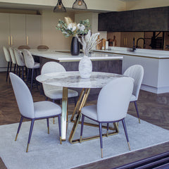 Olle Beige Leather Dining Chair | Art Deco Inspired with Gold Capped Legs
