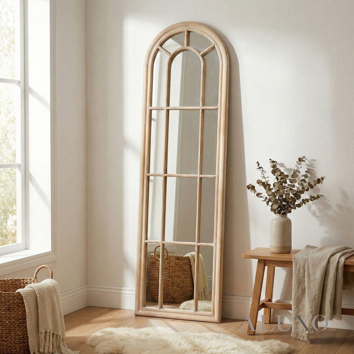 Torin Rustic Washed Wood Tall Arched Window Wall Mirror - 170cm