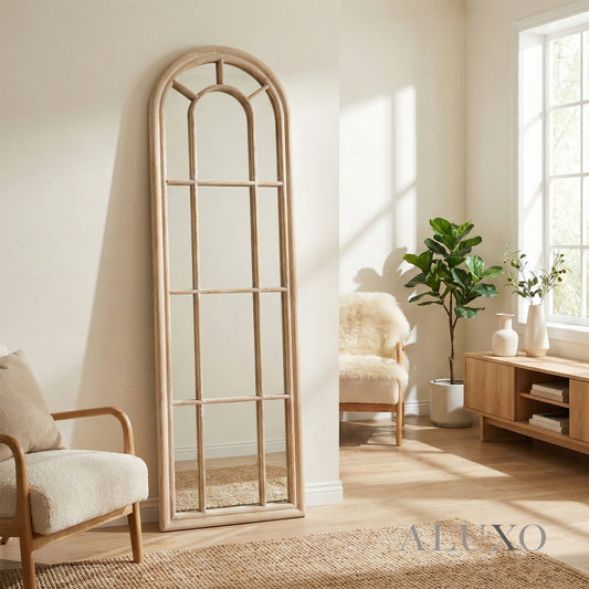 Torin Rustic Washed Wood Tall Arched Window Wall Mirror - 170cm