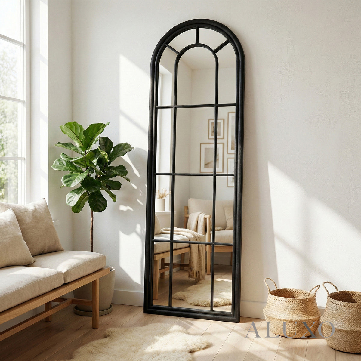 Torin Black Wood Tall Arched Window Wall Mirror - 170cm