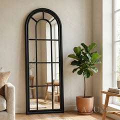 Torin Black Wood Tall Arched Window Wall Mirror - 170cm