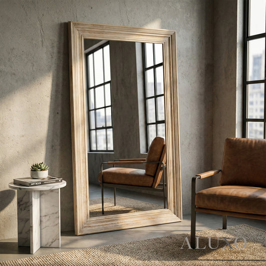 Lumi Small Washed Wood Wall Mirror with Stepped Frame - 120cm x 76cm
