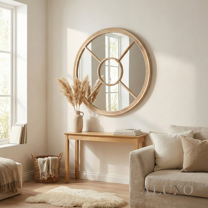 Torin Round Washed Wood Architectural Window Wall Mirror - 100cm