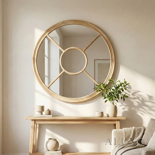 Torin Round Washed Wood Architectural Window Wall Mirror - 100cm
