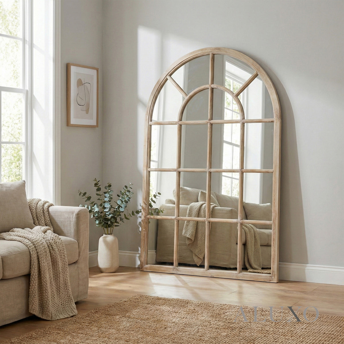 Torin Rustic Washed Wood Arched Window Wall Mirror - 135cm