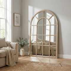Torin Rustic Washed Wood Arched Window Wall Mirror - 135cm