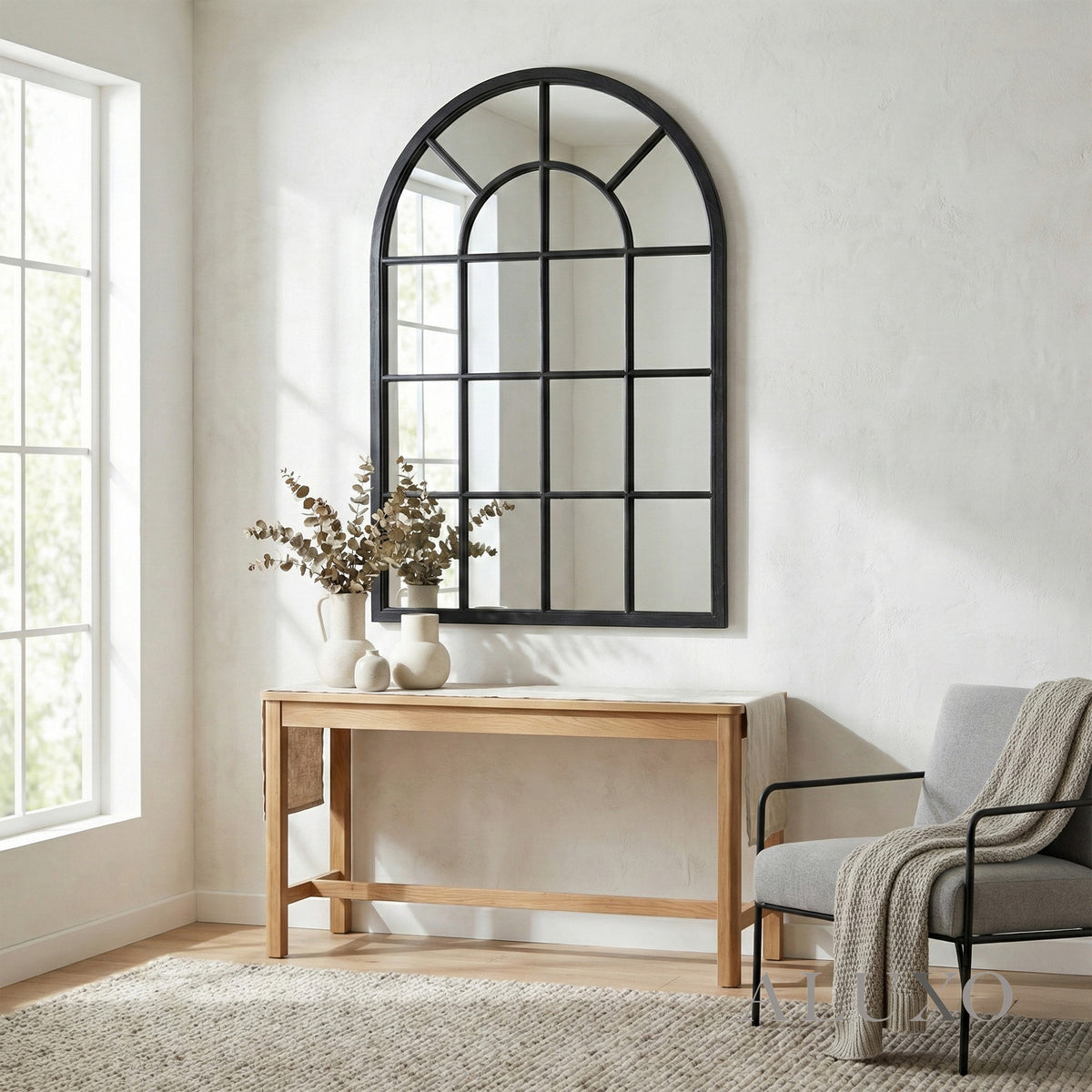 Torin Black Wood Arched Window Wall Mirror - 135cm
