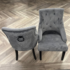 Gunnar Velvet Dining Chair | Studded & Quilted Back, Wood Legs - Light Grey / Dark Grey