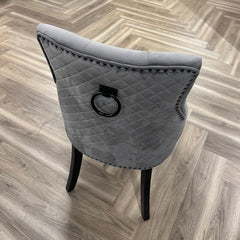 Gunnar Velvet Dining Chair | Studded & Quilted Back, Wood Legs - Light Grey / Dark Grey