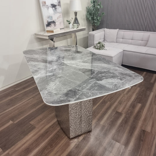 Lucca 160cm | 180cm White / Grey Marble Dining Table with Hammered Metal Block Base