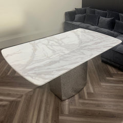 Lucca 160cm | 180cm White / Grey Marble Dining Table with Hammered Metal Block Base