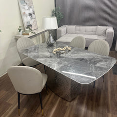 Lucca 160cm | 180cm White / Grey Marble Dining Table with Hammered Metal Block Base