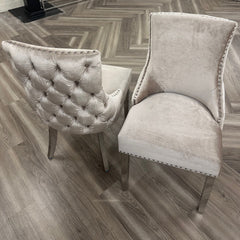 Oskar Velvet Dining Chair | Deep Button Back with Chrome Legs - Beige / Dark Grey