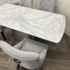 Lucca 160cm | 180cm White / Grey Marble Dining Table with Hammered Metal Block Base