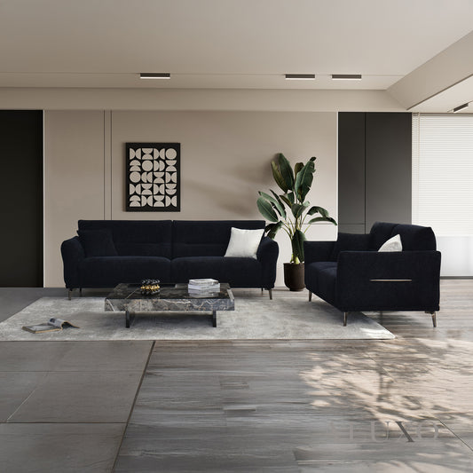 ALUXO® Albany Bouclé Sofa Collection in Black Lux Fabric - 2/3/4 Seater, Footstool