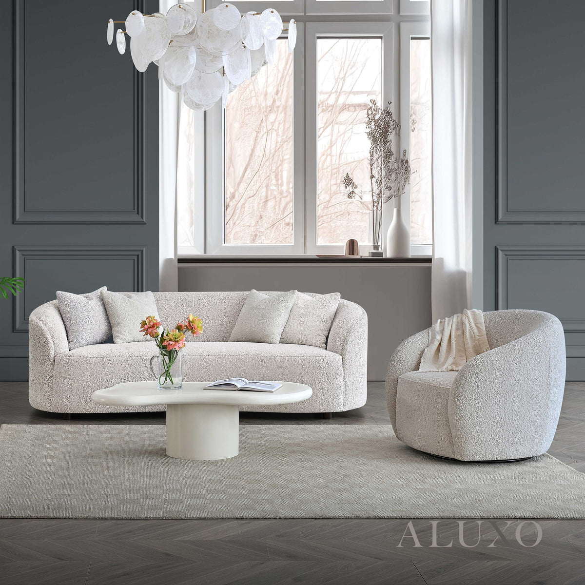 ALUXO® Nolita 3 Seater Bouclé Sofa with Swivel Chair - Latte / Koala