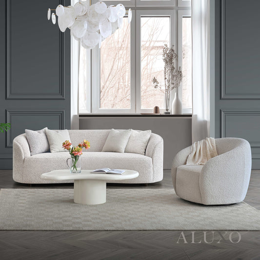 ALUXO® Nolita 3 Seater Bouclé Sofa with Swivel Chair - Latte / Koala