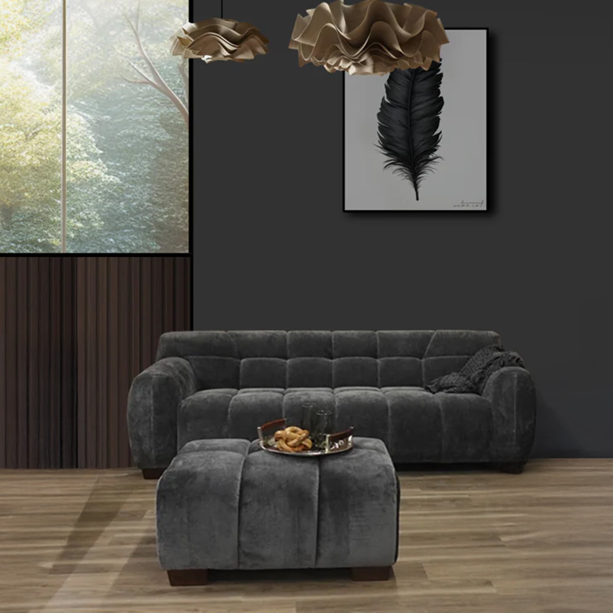 ALUXO® Harlem 2/3 Seater Sofa, Armchair & Footstool – Steel Grey Velvet