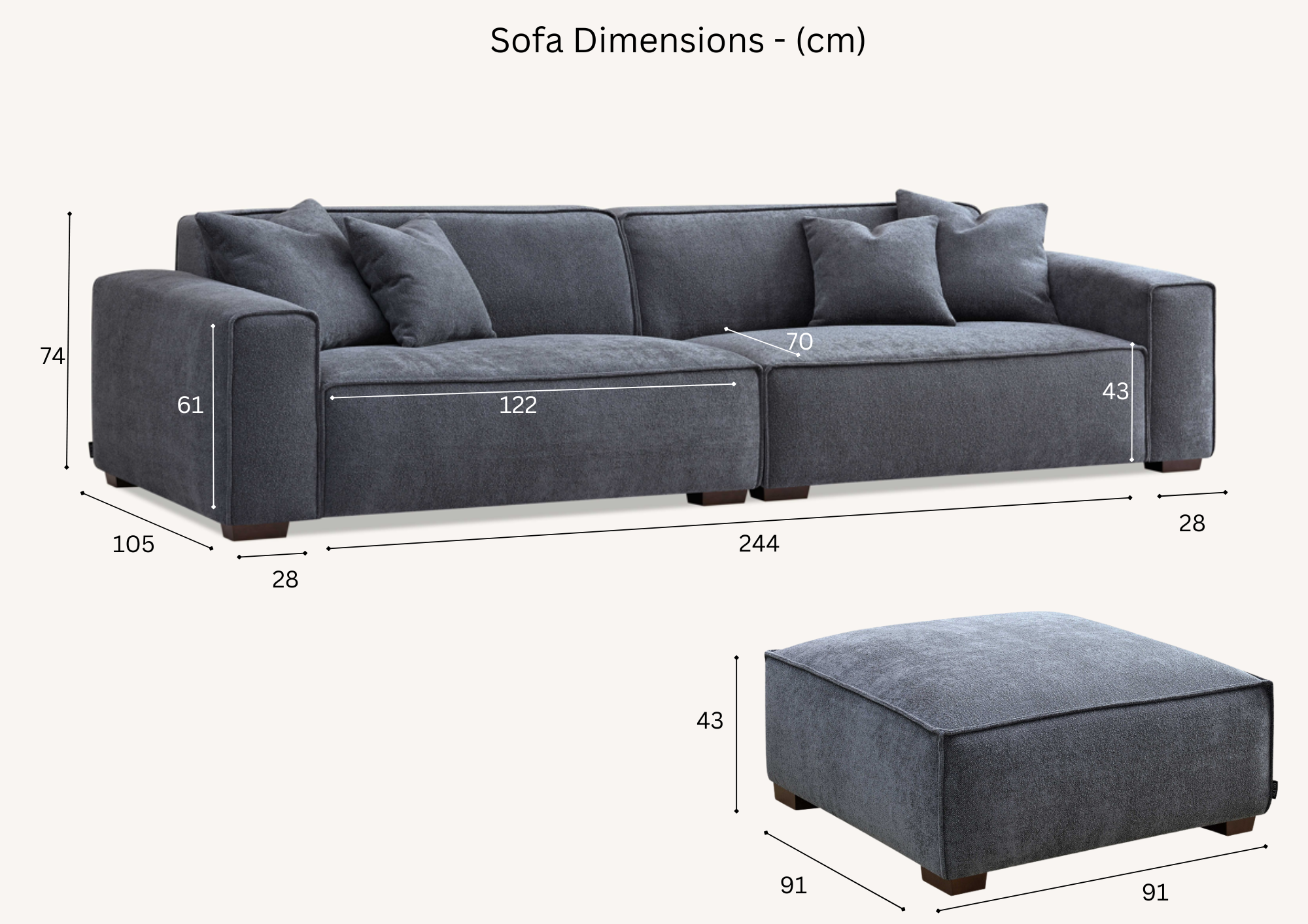 Dakota 4 seater with Chaise in Midnight Boucle