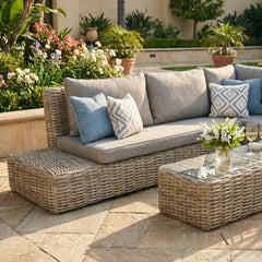 Aalto Scandi-Coastal Large Corner Sofa Set – Beige Rattan & Glass Table