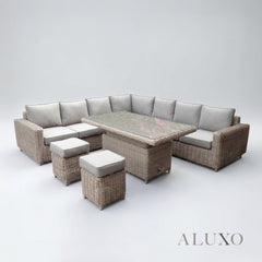 Aalto Scandi Rattan Corner Sofa Set with Adjustable Riser Table & Stools