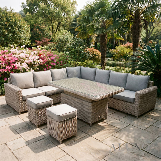 Aalto Scandi Rattan Corner Sofa Set with Adjustable Riser Table & Stools