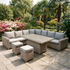 Aalto Scandi Rattan Corner Sofa Set with Adjustable Riser Table & Stools
