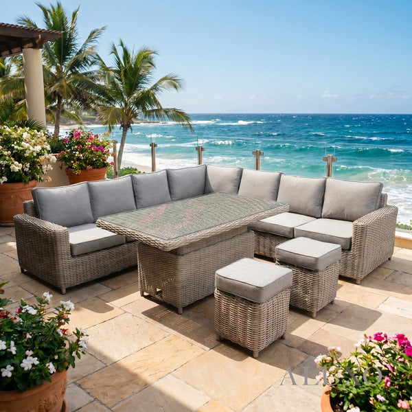 Aalto Scandi Rattan Corner Sofa Set with Adjustable Riser Table & Stools