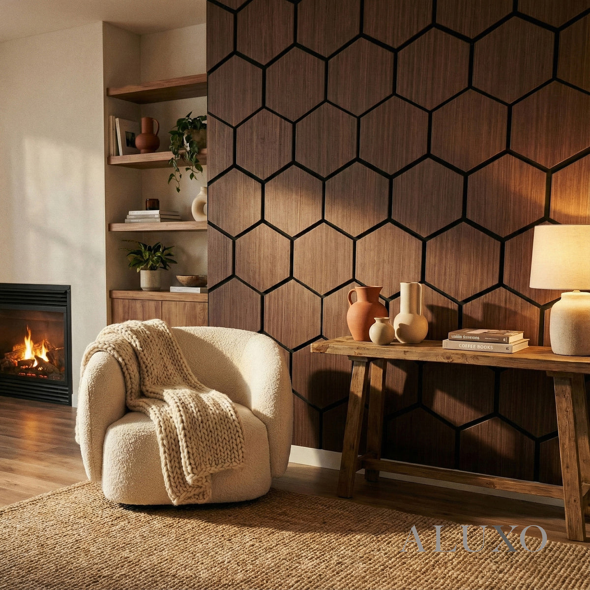 ALUXO® Acoustic Hexagon Wall Panel 70 x 60cm (Set of 4) - Walnut (Dark Oak)