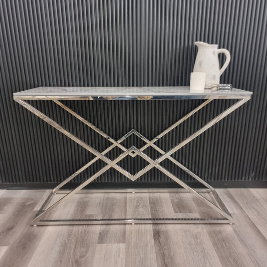 Airi Chrome Console Table with Stomach Ash Sintered Stone Top
