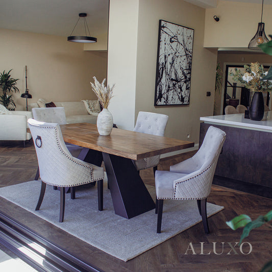 Akira 1.8m Dining Set – Solid Wood Table with 4/6 Gunnar Velvet Chairs