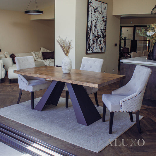 Akira 1.8m Dining Set – Solid Wood Table with 4/6 Gunnar Velvet Chairs