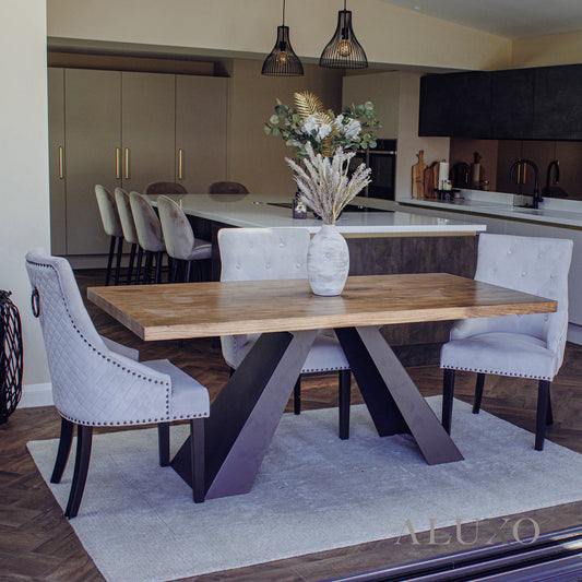 Akira 1.8m Dining Set – Solid Wood Table with 4/6 Gunnar Velvet Chairs