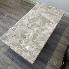 Aksel 130cm Chrome Coffee Table with Light Grey Marble Top – Double Half Ring Stand Design