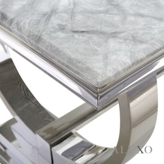 Aksel 130cm Chrome Coffee Table with Light Grey Marble Top – Double Half Ring Stand Design