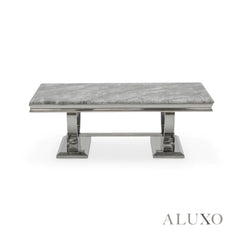 Aksel 130cm Chrome Coffee Table with Light Grey Marble Top – Double Half Ring Stand Design