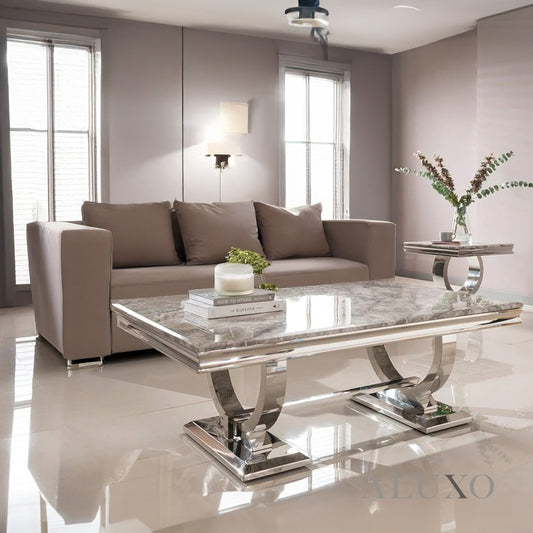 Aksel 130cm Chrome Coffee Table with Light Grey Marble Top – Double Half Ring Stand Design