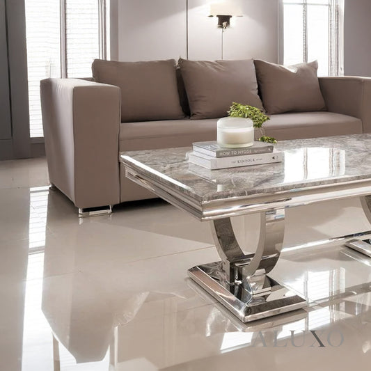 Aksel 130cm Chrome Coffee Table with Light Grey Marble Top – Double Half Ring Stand Design