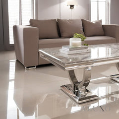 Aksel 130cm Chrome Coffee Table with Light Grey Marble Top – Double Half Ring Stand Design
