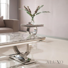 Aksel 130cm Chrome Coffee Table with Light Grey Marble Top – Double Half Ring Stand Design