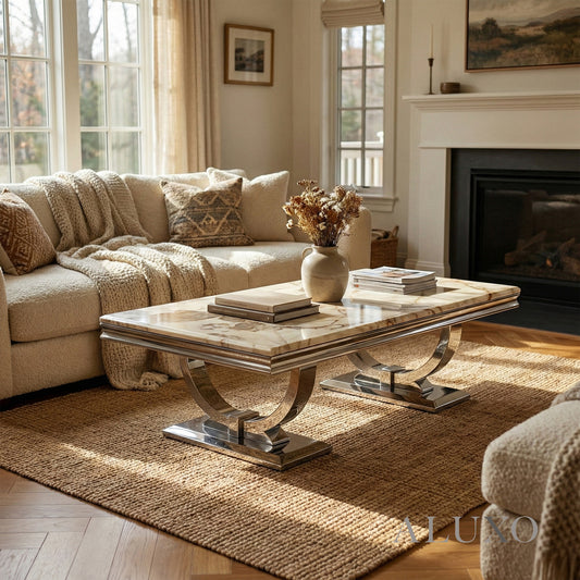 Orvar 130cm Chrome Coffee Table with Cream Marble Top – Double Half Ring Stand Design