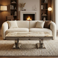 Orvar 130cm Chrome Coffee Table with Cream Marble Top – Double Half Ring Stand Design