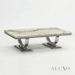 Orvar 130cm Chrome Coffee Table with Cream Marble Top – Double Half Ring Stand Design