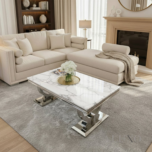 Aksel 130cm Chrome Coffee Table with White Marble Top – Double Half Ring Stand Design